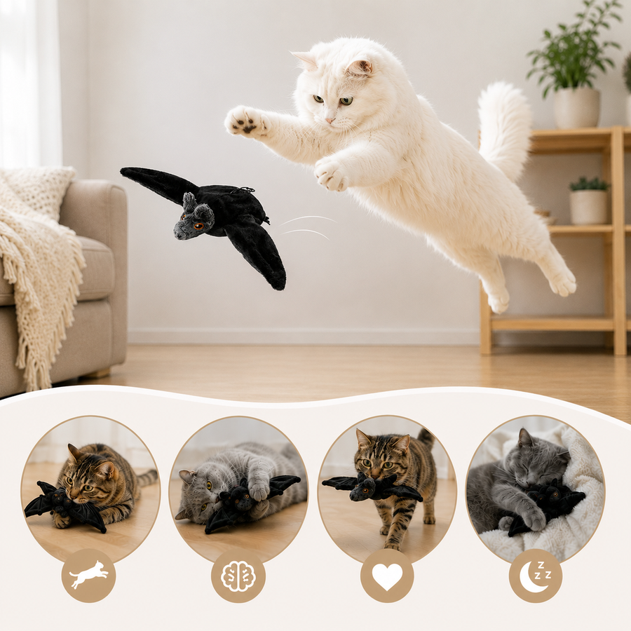Cat leaping mid-air to catch the WildWhisker flying bat